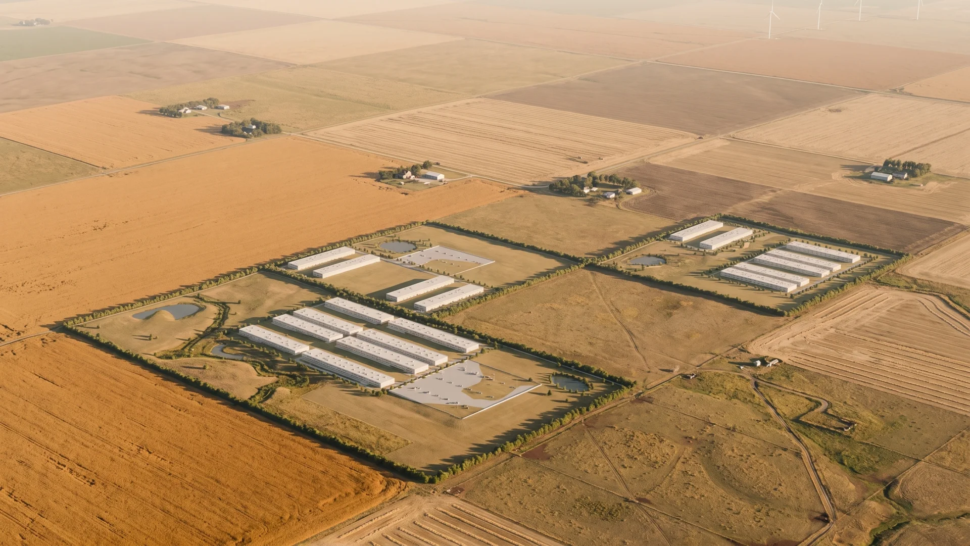 Aerial rendering of the Piedmont Plains Technology Park campus viewed from the northwest, showing the three stepped parcels in open Oklahoma prairie with stream corridors, ponds, and tree-lined boundaries
